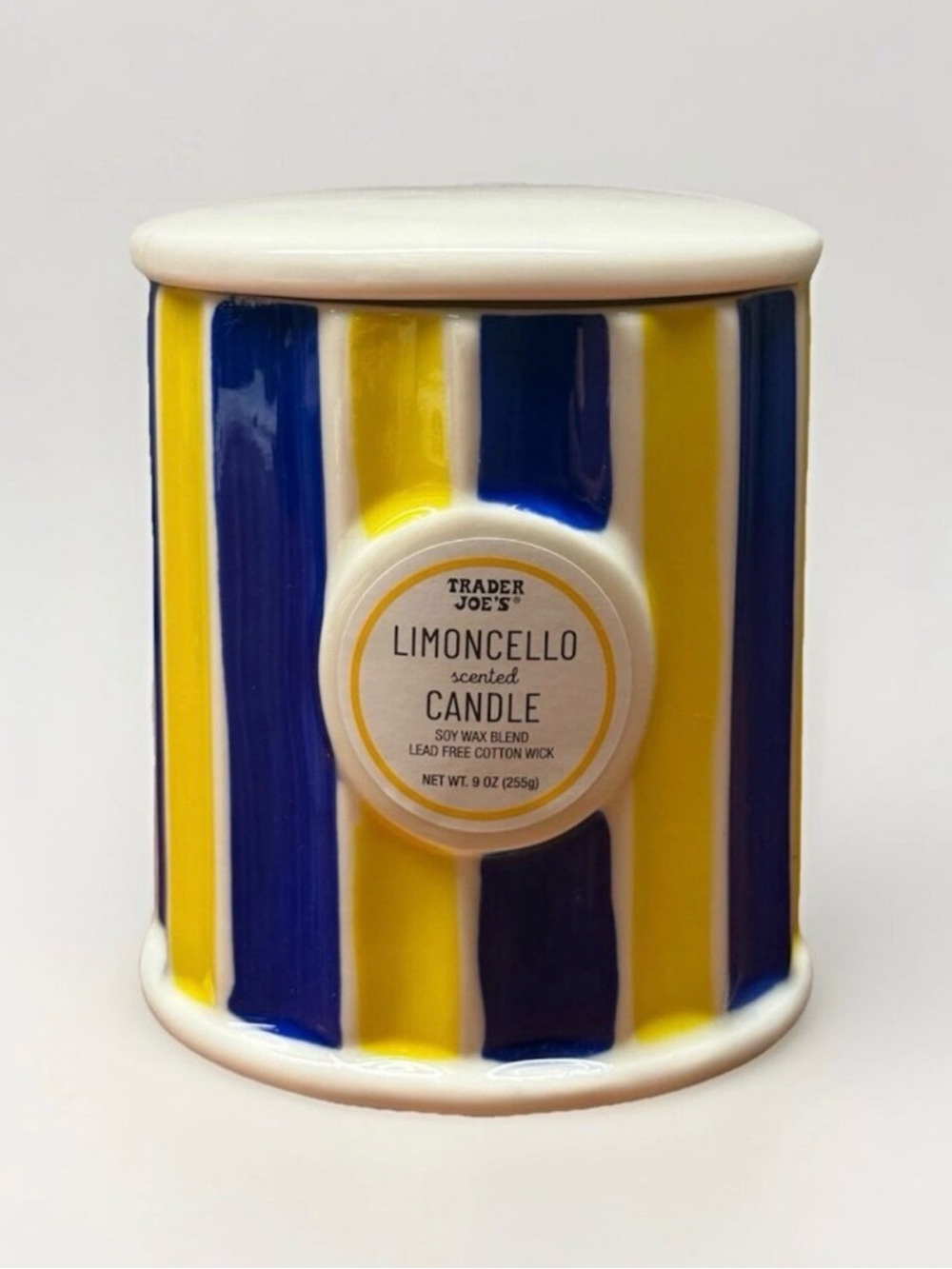 Trader Joes Limoncello Scented Candle Yellow, Blue Ceramic Jar w Lid Limited Ed